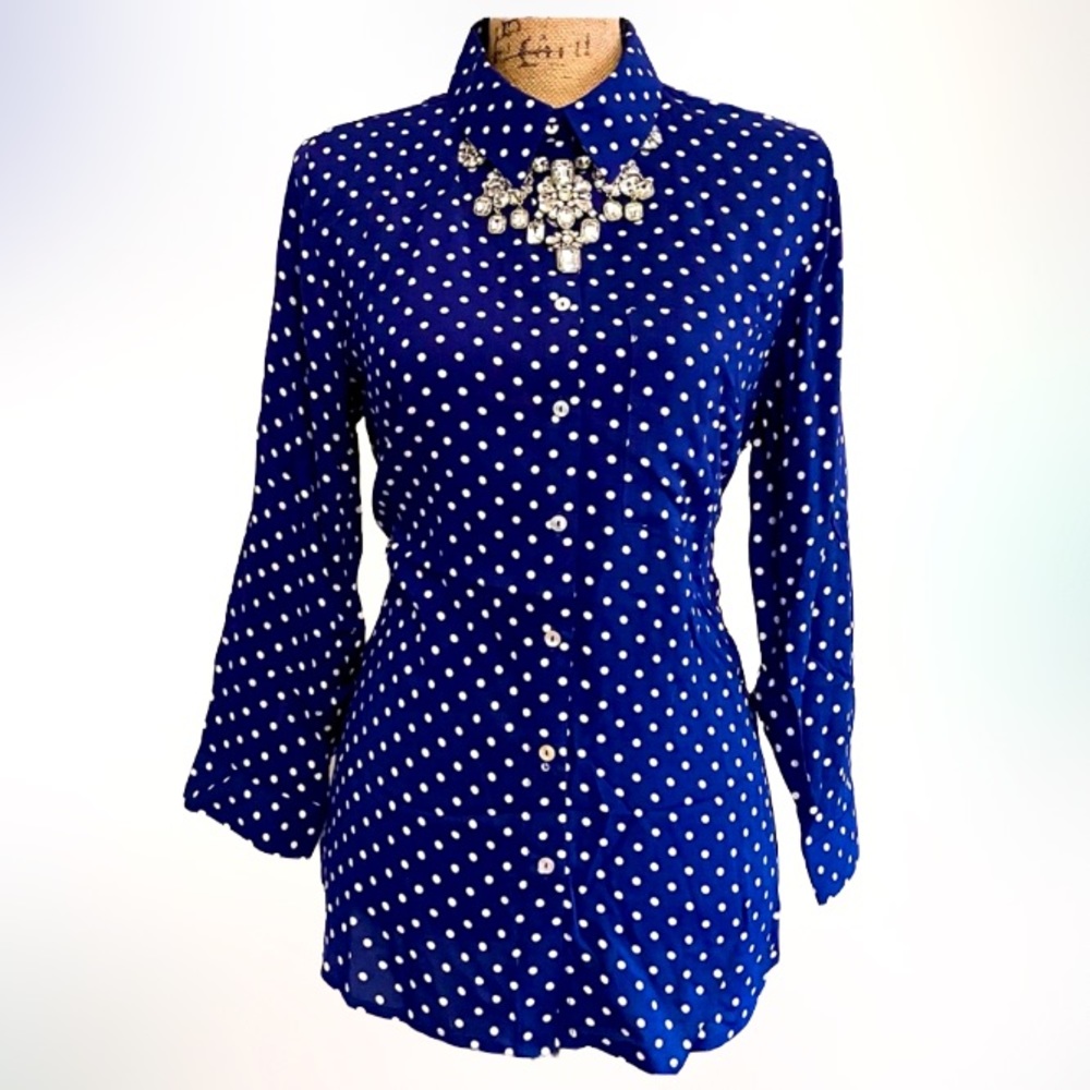 NWT💙Grand & Green Polka Dot  Long Sleeve Blouse Sz M